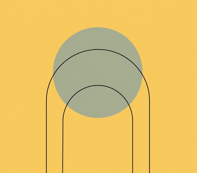 Abstract yellow panel with a sage circle behind arch outlines